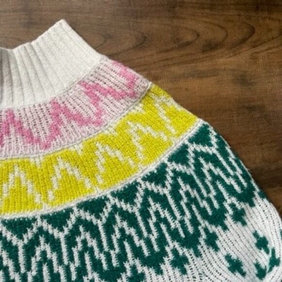 Old Navy Fair Isle Mock Neck Sweater Multicolor Knit White Green Yellow Pink XS - Picture 2 of 6